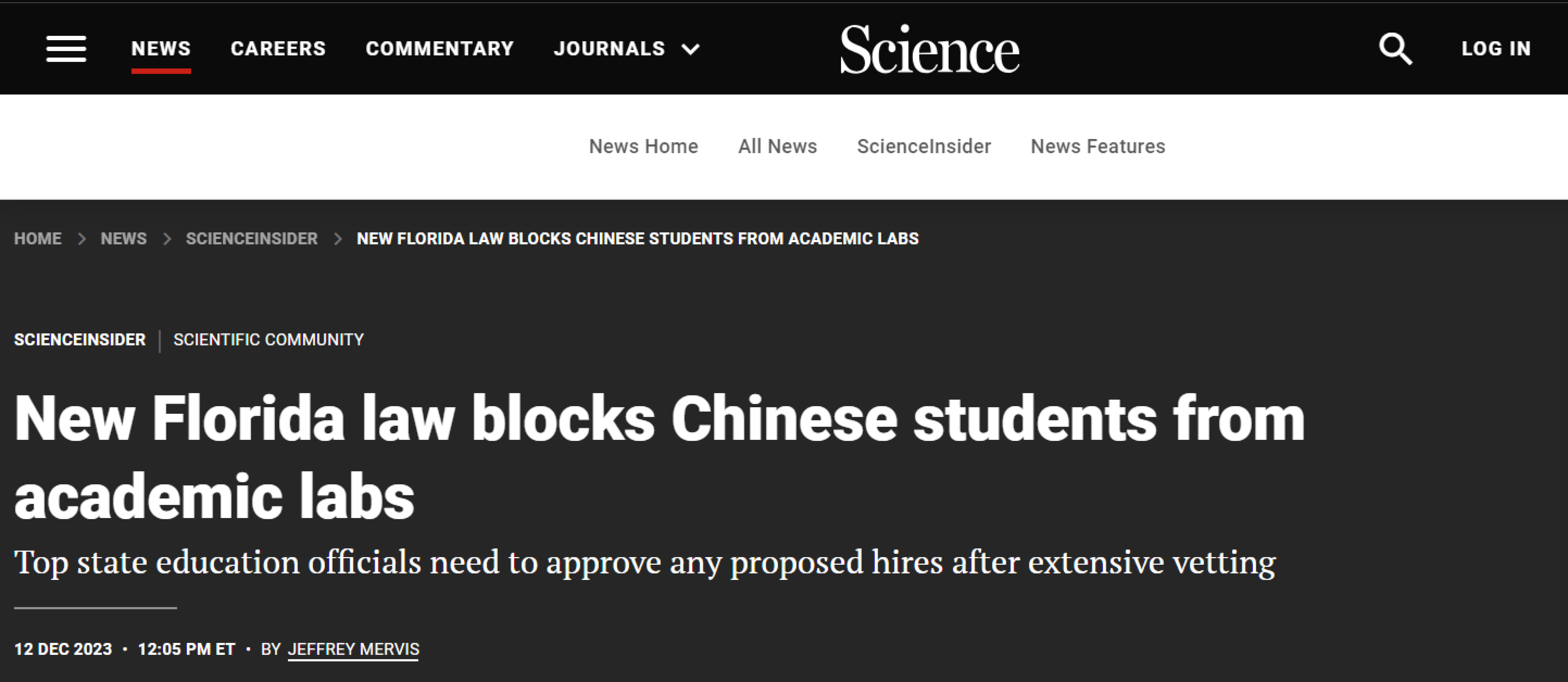 佛罗里达州禁止中国学生进入学术实验室